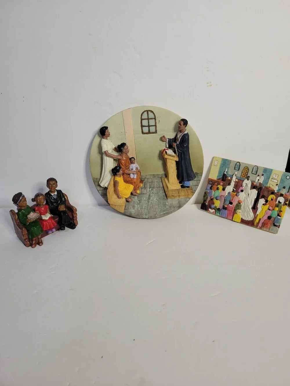 Vintage 90s Black Amercana Church Heritage Set-Family Pew Figurine & 3-D Plagues